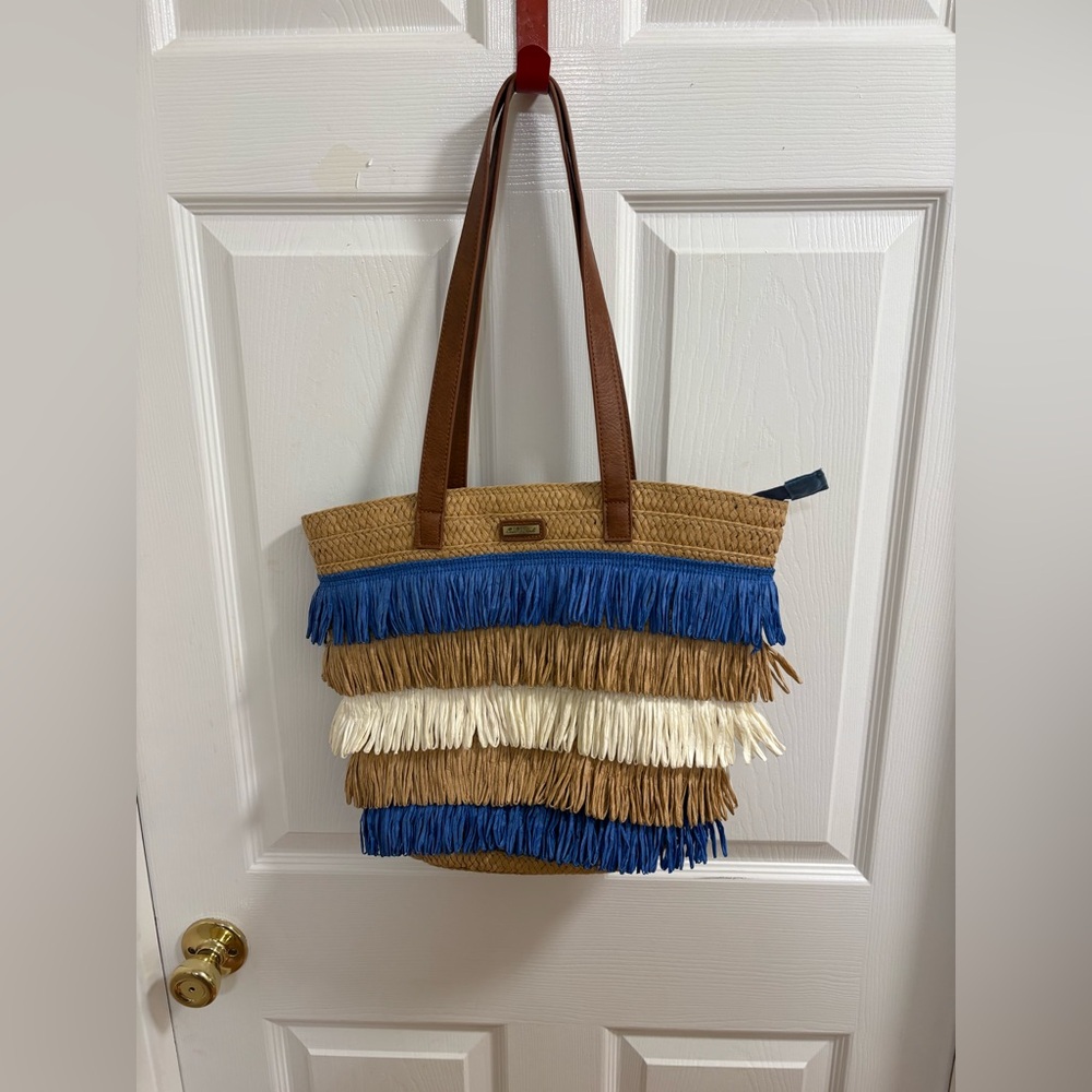 Sun’N’Sand raffia handbag , bohemian style with faux leather straps